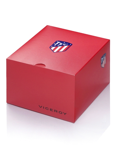 Reloj para niño Atlético de Madrid compuesto de caja plateada con esfera negra con detalles rojos y azules, con mecanismo de cua