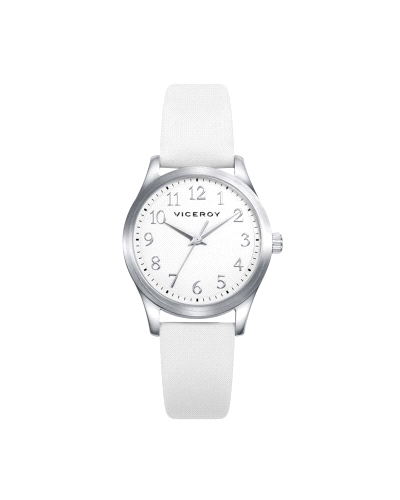 Reloj para niña fabricado en acero inoxidable plateado y piel en color blanco compuesto por caja plateada con esfera blanca que 