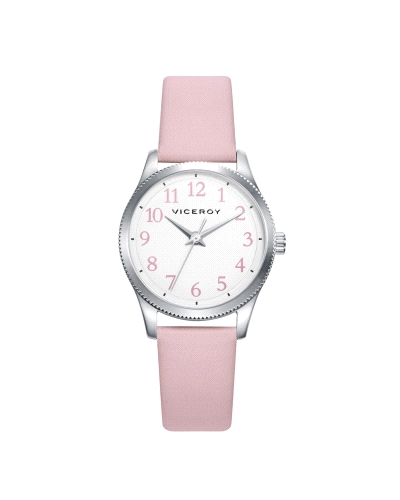 Reloj para niña fabricado en acero inoxidable plateado y piel en color rosa compuesto por caja plateada con esfera blanca que co