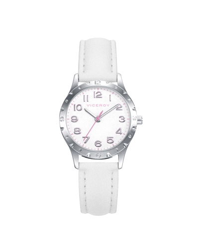 Reloj para niña fabricado en acero inoxidable plateado y piel blanca compuesto por caja plateada con esfera blanca que contiene 