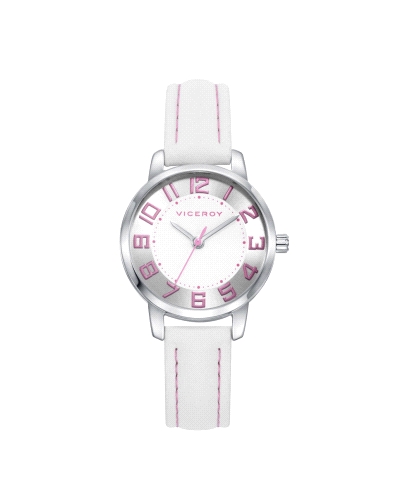 Reloj para niña fabricado en acero inoxidable plateado y piel en color blanco compuesto por caja plateada con esfera plateada qu