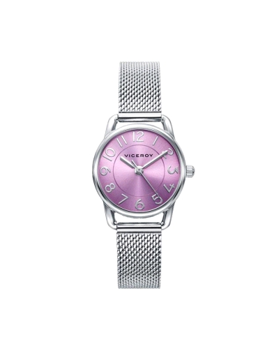 Reloj para niña fabricado en acero inoxidable plateado con esfera rosa que contiene índices y agujas en plateado movidas por mec