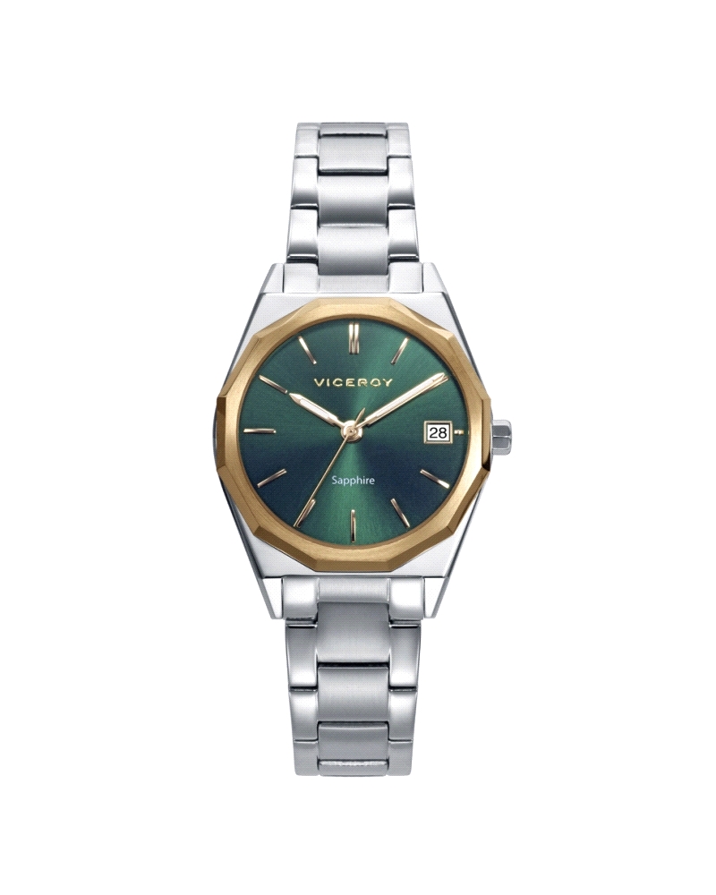 Reloj para mujer extraplano con cristal zafiro, caja y brazalete de acero y bisel dorado y una elegante esfera verde.