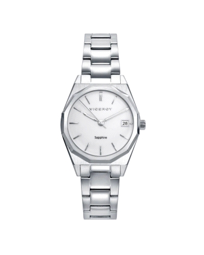 Reloj para mujer extraplano con cristal zafiro, caja y brazalete de acero.