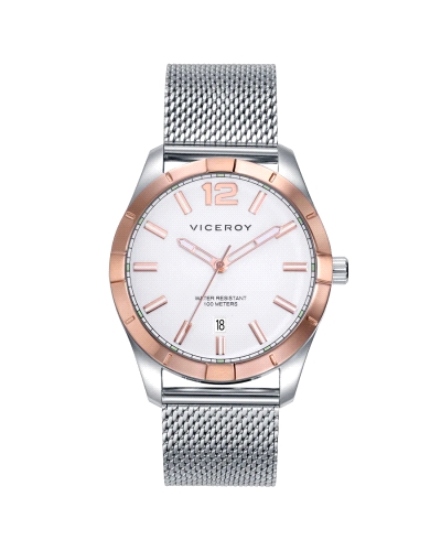 Reloj deportivo para hombre con correa de malla milanesa, esfera blanca y bisel e índices en rosa.