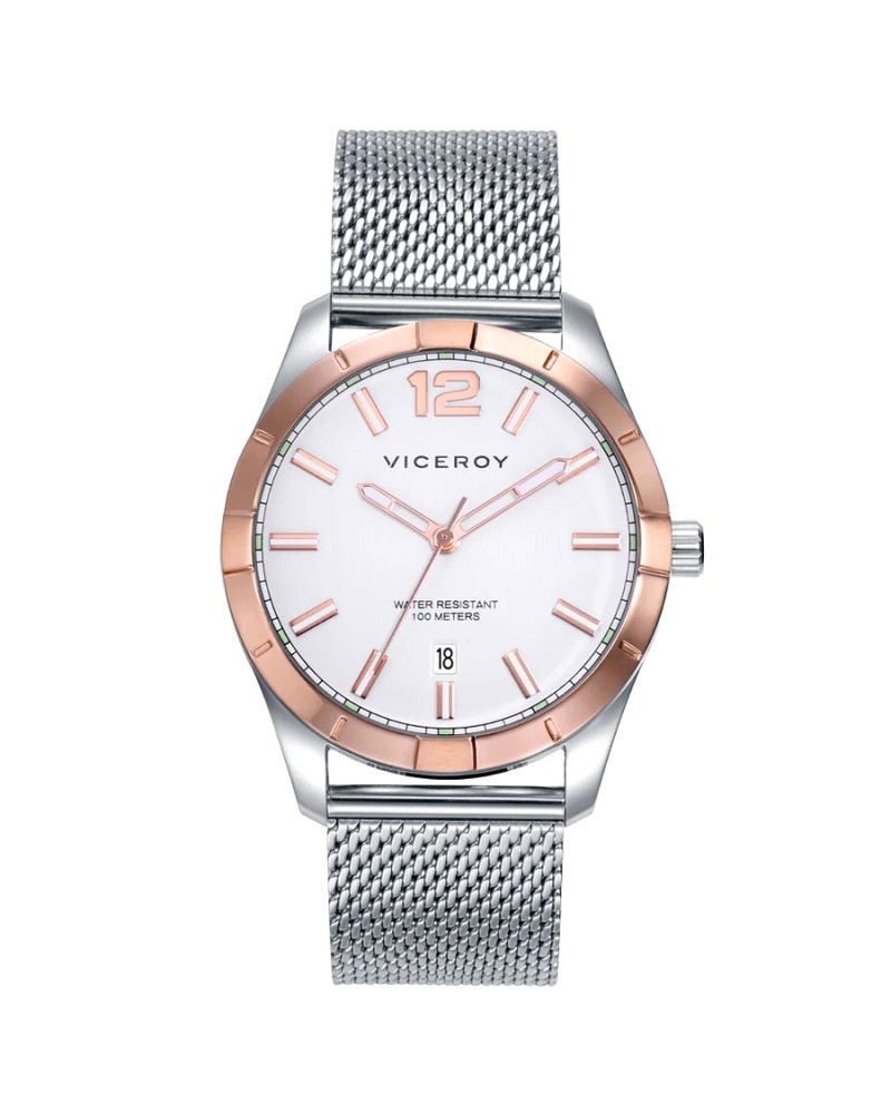 Reloj deportivo para hombre con correa de malla milanesa, esfera blanca y bisel e índices en rosa.