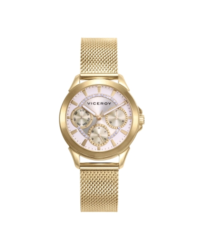 Reloj de mujer analógico de acero con baño dorado esfera rosada e índices dorados.