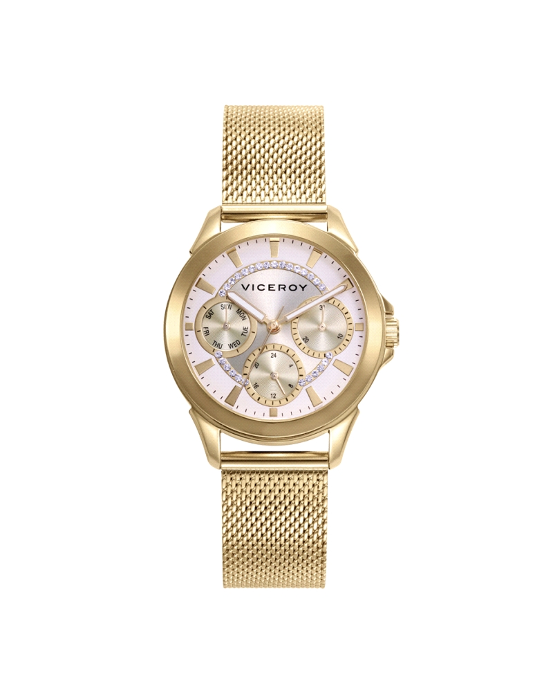 Reloj de mujer analógico de acero con baño dorado esfera rosada e índices dorados.