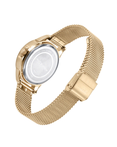 Reloj de mujer analógico de acero con baño dorado esfera rosada e índices dorados.