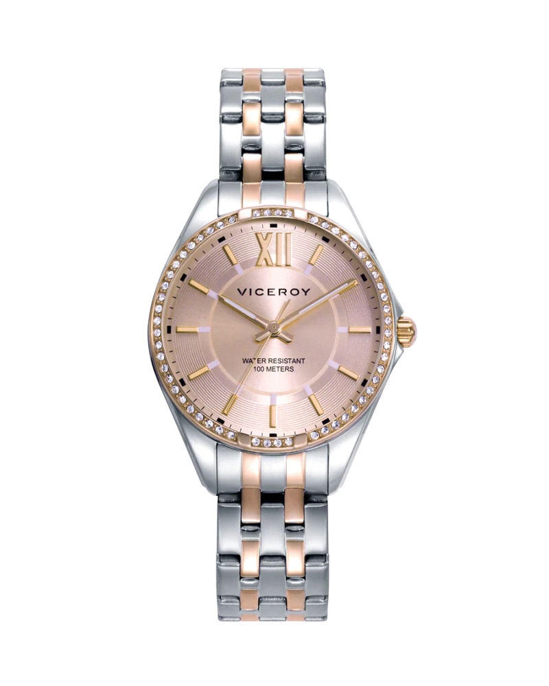 Reloj de mujer analógico en acero con esfera oro rosa e índices de color plata.