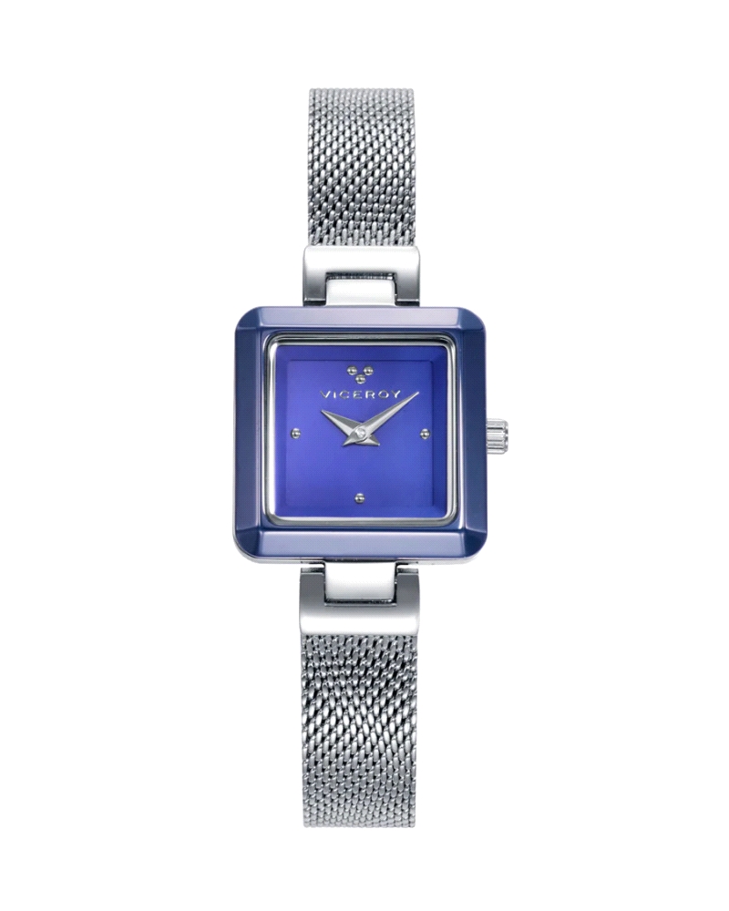 Reloj de mujer analógico de acero con malla milanesa y caja azul cerámica.