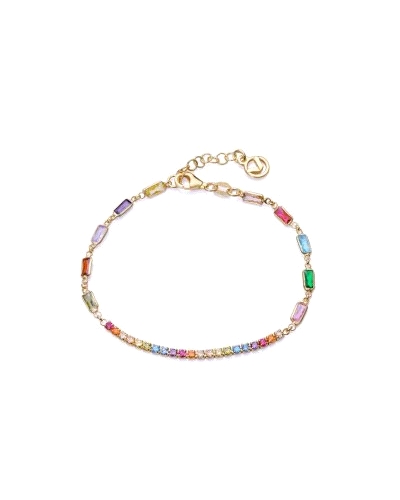 Pulsera de plata de ley con baño de oro de 18k con circonitas de diferentes tamaños y colores.