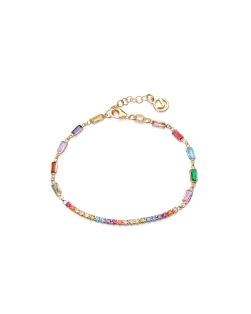 Pulsera de plata de ley con baño de oro de 18k con circonitas de diferentes tamaños y colores.