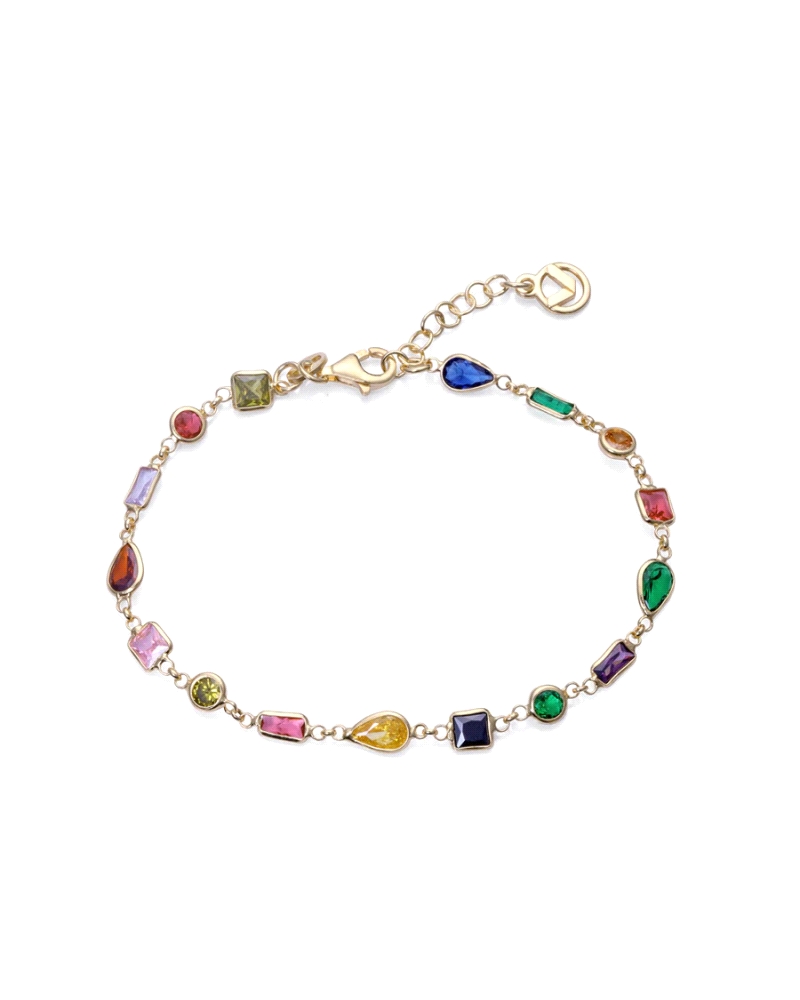 Pulsera cadena de plata de ley con baño de oro y circonitas con formas y colores diferentes engarzadas.