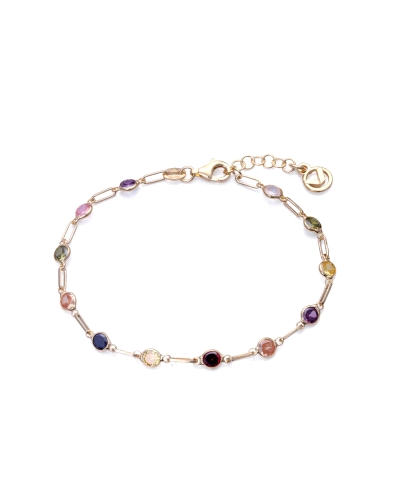 Pulsera de plata de ley bañada en oro con diferentes circonitas y colores.