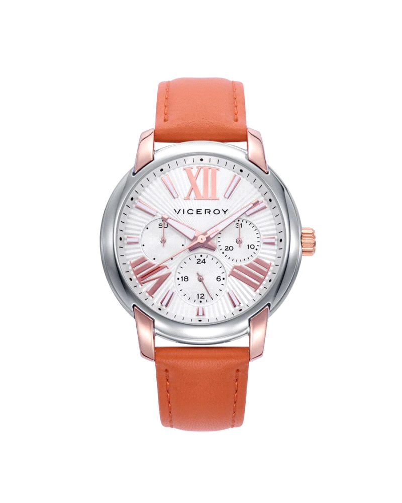 Reloj para mujer compuesto por piel en color naranja y acero inoxidable plateado.