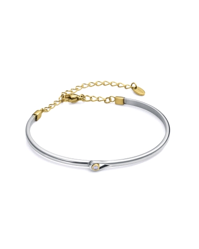 Pulsera rígida de acero con componente dorado y diamante de 1 PT engarzado.