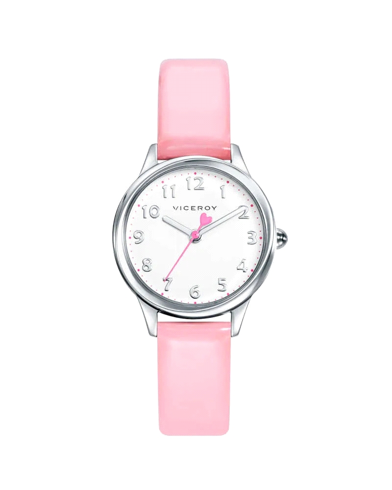 Reloj para niña fabricado en acero inoxidable plateado y piel sintética rosa.