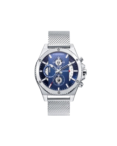 Reloj para hombre fabricado en acero inoxidable plateado y azul.