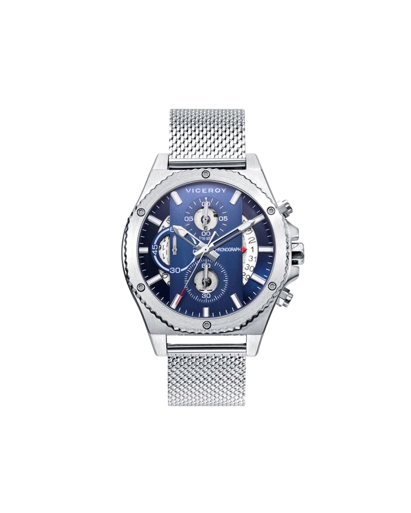 Reloj para hombre fabricado en acero inoxidable plateado y azul.