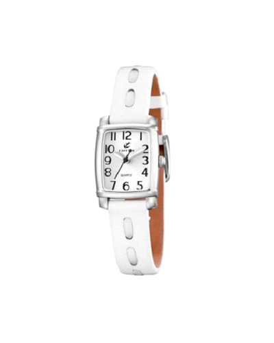 Reloj analógico con caja rectangular de acero y esfera blanca.