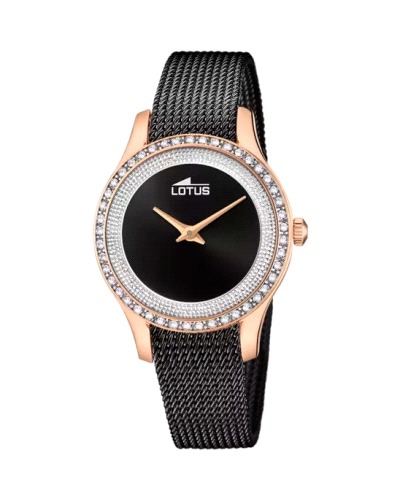 Reloj para mujer que cuenta con una caja de acero circonitas y cristal mineral, además de una correa de acero inoxidable.