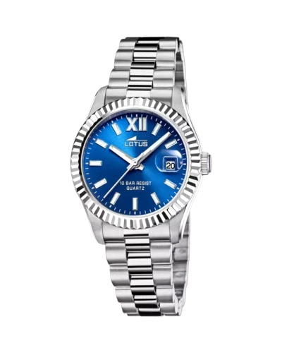 Reloj para mujer fabricado en acero inoxidable plateado y azul. Compuesto por caja plateada  con esfera azul que contiene indica