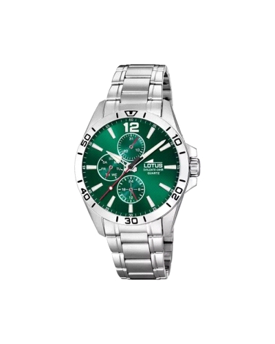 Reloj para hombre fabricado en acero inoxidable plateado. Compuesto por caja plateada con esfera verde que cuenta con índices y 