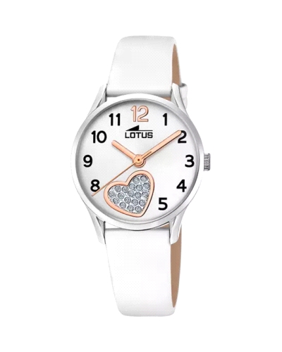 Reloj fabricado en acero inoxidable y piel en color blanco. Compuesto por caja con esfera blanca que cuenta con un corazón compu
