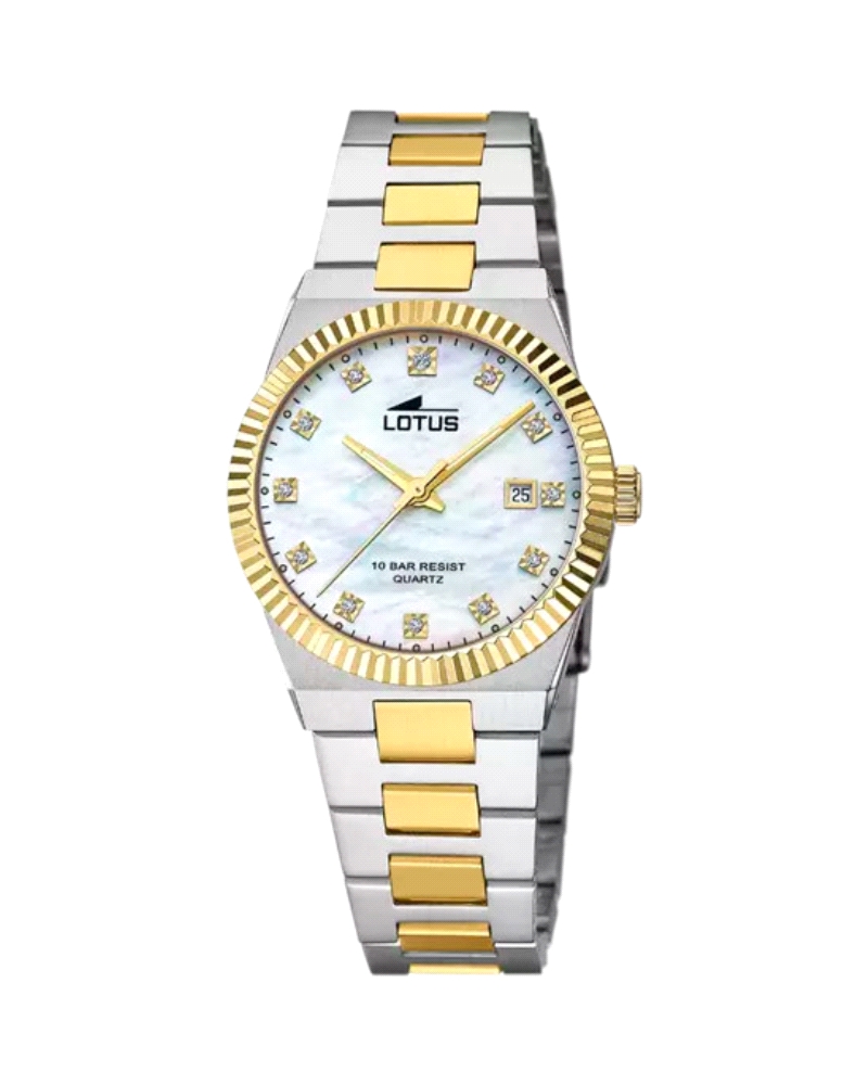 Reloj de mujer fabricado en acero en plata y dorado. Compuesta por caja dorada con esfera color crema con índices compuestos por