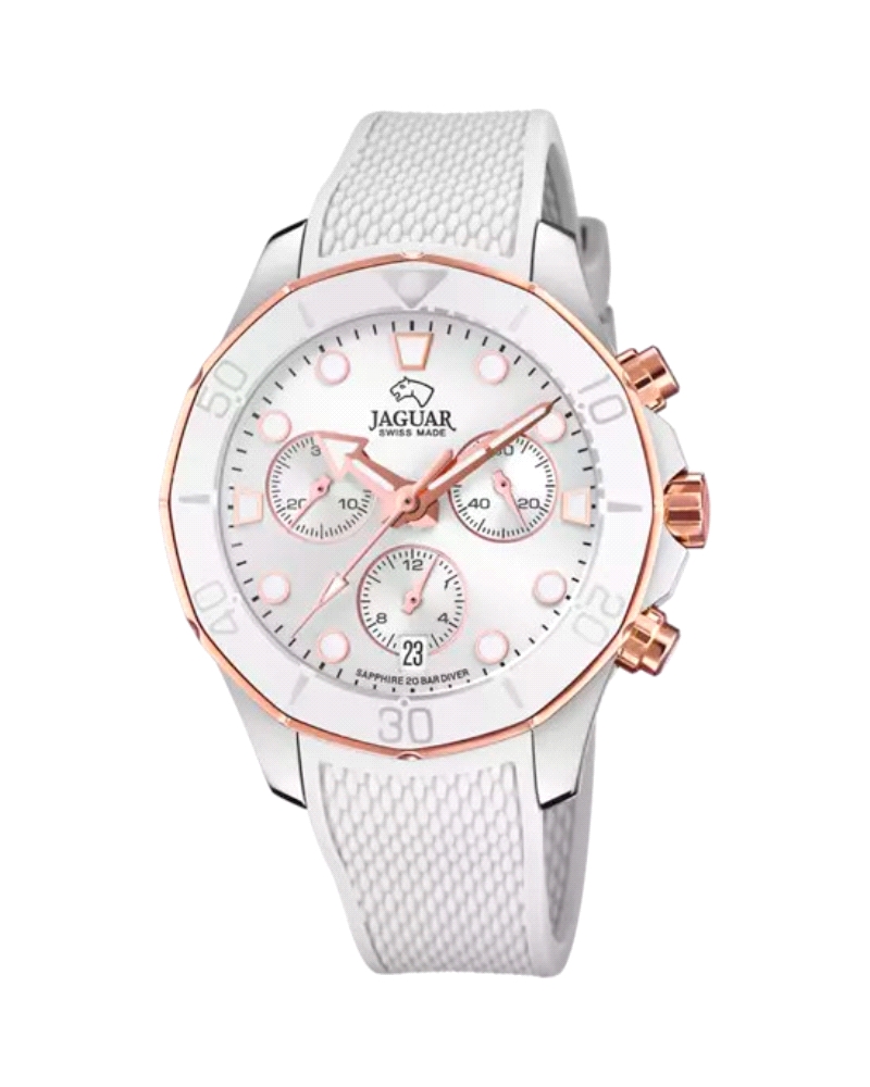 Reloj suizo de mujer Jaguar, de color blanco, con esfera plateada e índices de color rosa, ofrece una visualización perfecta gra