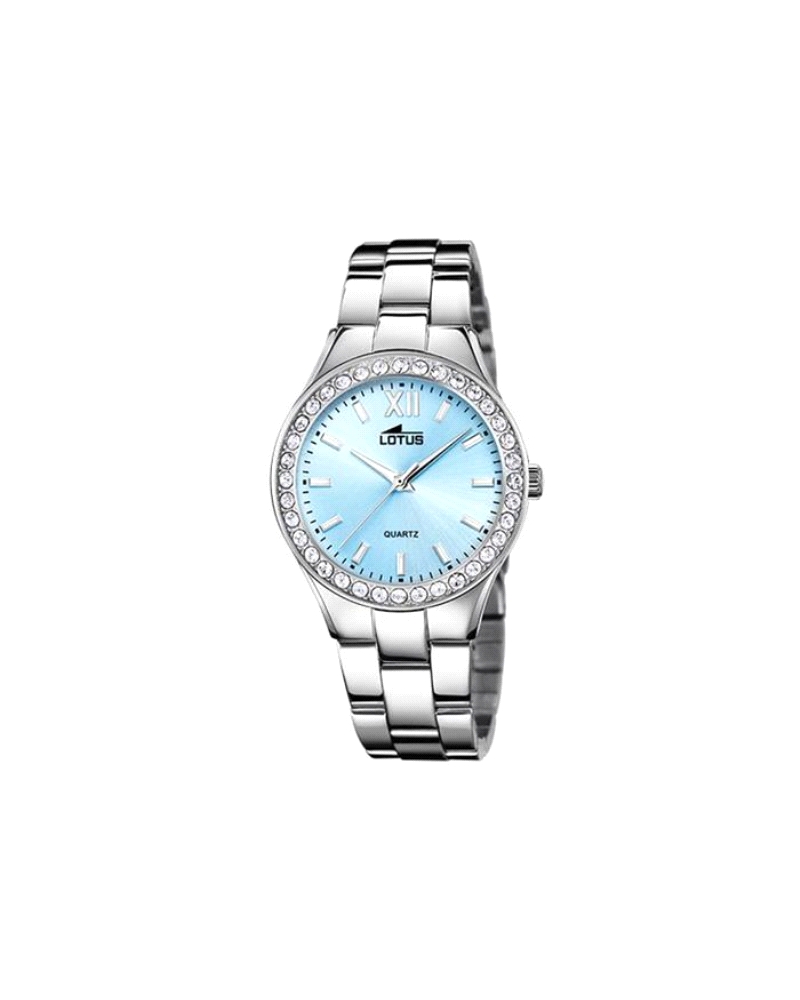 Reloj de mujer fabricado en acero plateado con caja compuesta de cristales blancos y por esfera azul que contiene índices y aguj