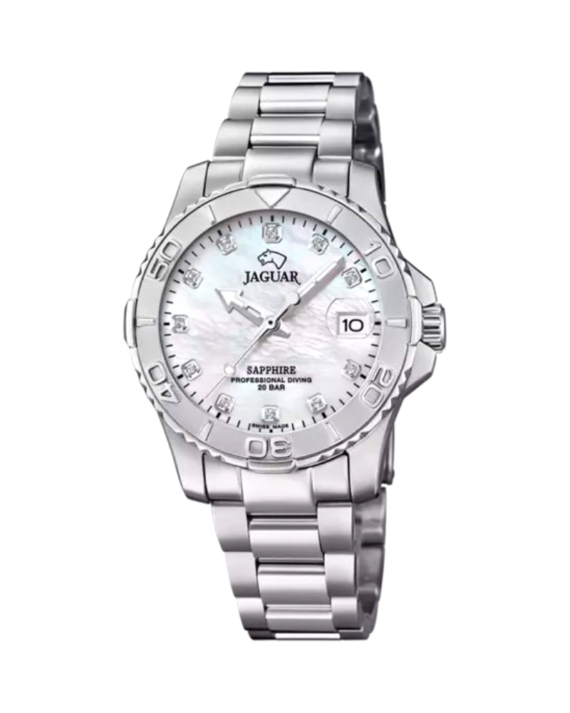 Reloj suizo de mujer Jaguar, de color blanco, con esfera blanca e índices de color circonita, ofrece una visualización perfecta 