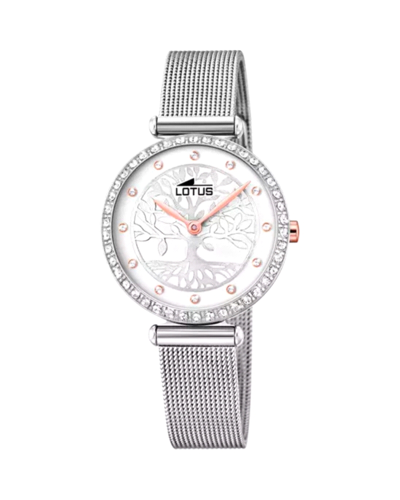 Reloj para mujer en color plateado y blanco. Su esfera posee un árbol de la vida, con caja en acero y correa de malla milanesa.