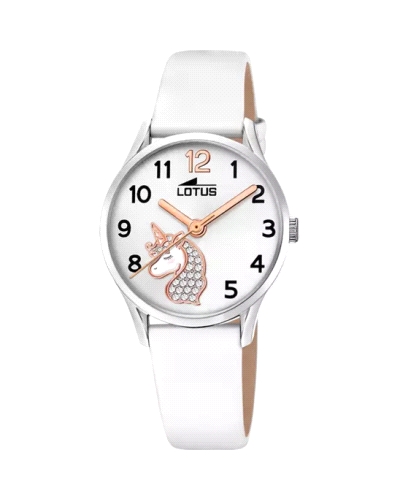 Reloj para niña fabricado en piel color blanco y acero inoxidable compuesto por caja  con esfera en color blanco con un unicorni