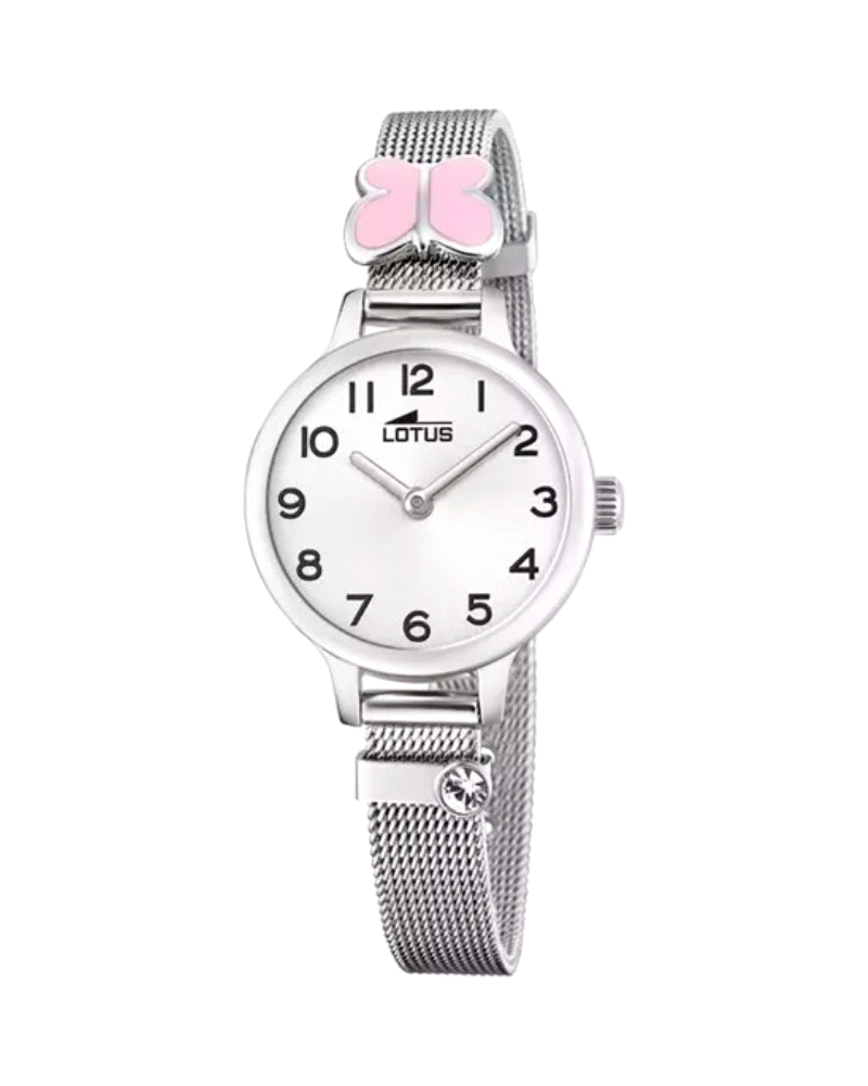 Reloj para niña en color plateado de acero inoxidable. Cuenta con caja con esfera blanca y movimiento de cuarzo analógico. Su co