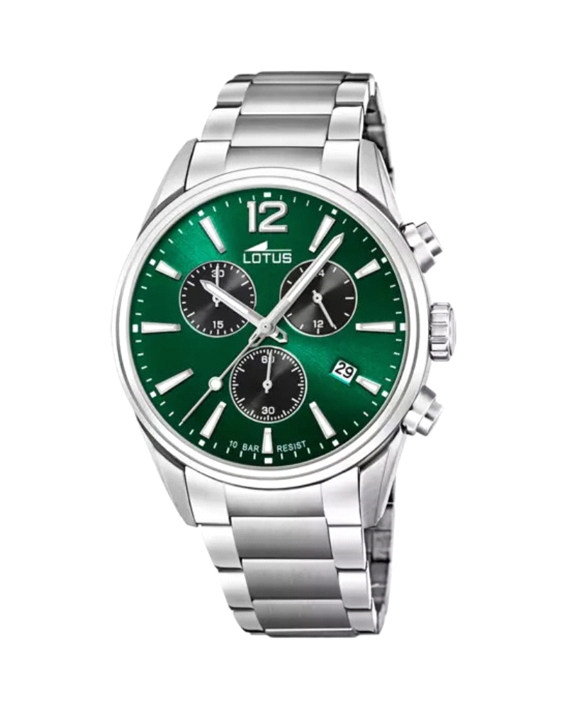 Reloj para hombre fabricado en acero inoxidable plateado y verde. Un reloj elegante  compuesto por caja plateada  con esfera ver