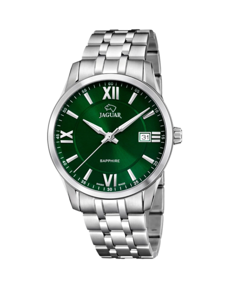 Reloj suizo de hombre Jaguar de color verde, con esfera verde e índices de color plateado, ofrece una visualización perfecta gra