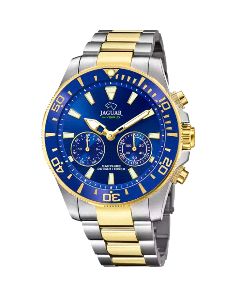 Reloj suizo de hombre Jaguar de color azul, con esfera azul e índices de color dorado, ofrece una visualización perfecta gracias