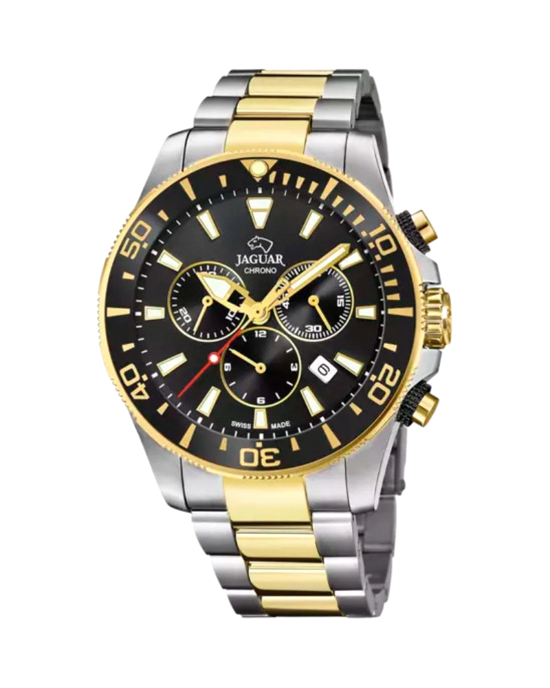 Reloj suizo de hombre Jaguar de color negro, con esfera negra e índices de color dorado, ofrece una visualización perfecta graci