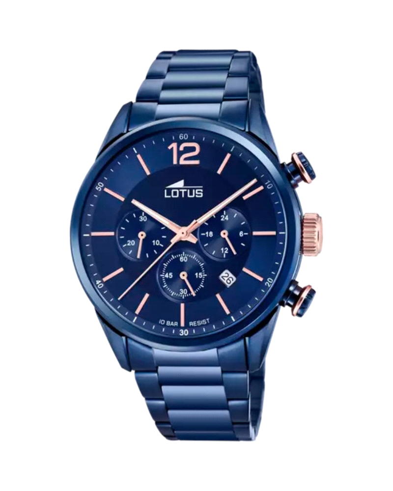 Reloj cronógrafo para hombre fabricado en acero inoxidable con esmalte azul. Con esfera en color azul en contraste con el rosado