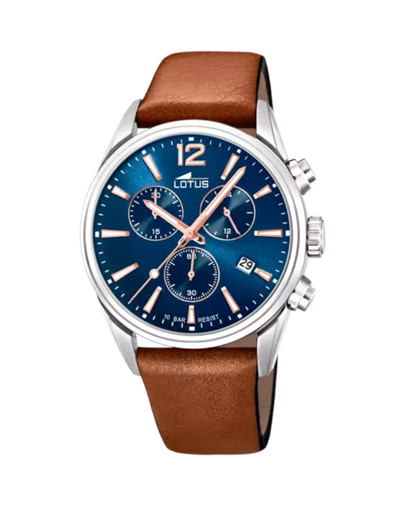 Reloj de hombre fabricado en acero inoxidable plateado y piel marrón. Formado por caja plateada con esfera azul con índices y ag