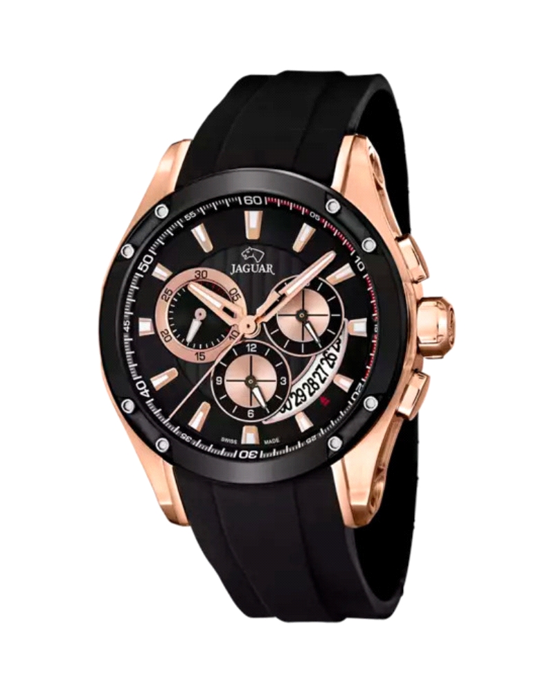 Reloj suizo de hombre Jaguar de color negro, con esfera negra e índices de color dorado, ofrece una visualización perfecta graci