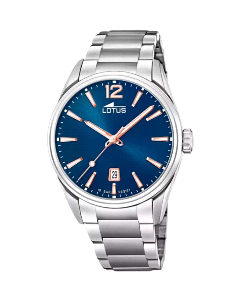 Reloj para hombre chrono en color plateado y azul.  Su caja es de acero inoxidable con un mecanismo de cuarzo analógico