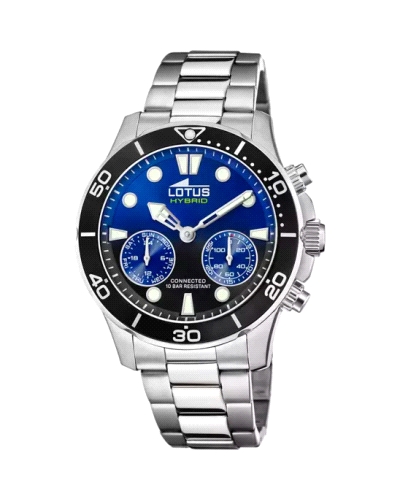 Reloj de hombre con caja y correa de acero inoxidable con la combinación del fondo en degradado azul y negro.