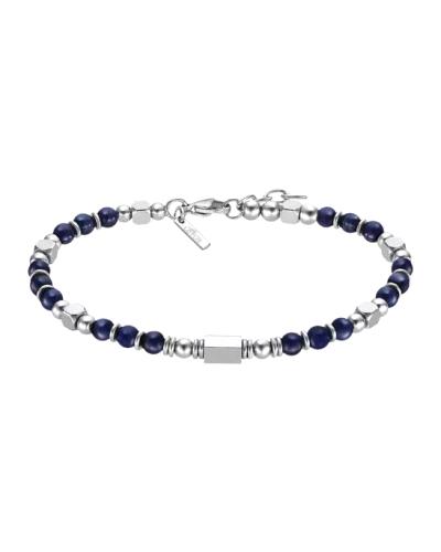 Pulsera de hombre compuesta de bolitas de acero inoxidable algunas de ellas con esmalte azul.
