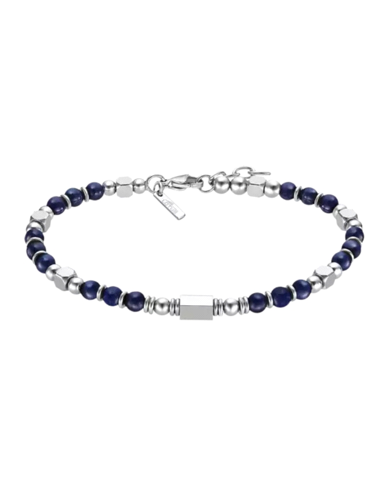 Pulsera de hombre compuesta de bolitas de acero inoxidable algunas de ellas con esmalte azul.
