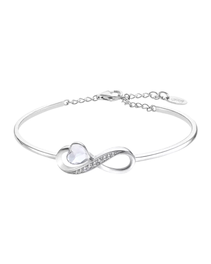 Pulsera rígida con infinito corazón con acabado pulido brillo y circonitas blancas