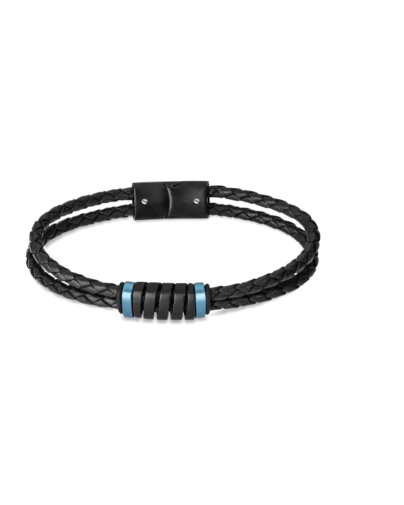 Pulsera fabricada en cuero negro trenzado con abalorio central azul y negro mate.