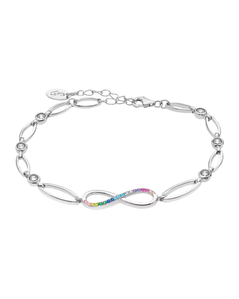 Pulsera para mujer de plata  compuesta por piezas ovaladas terminadas en una pieza en forma de infinito con circonitas blancas.